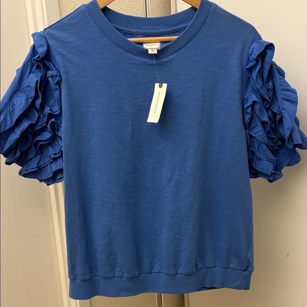 Anthropologie Royal Blue Ruffle Sleeve Tee